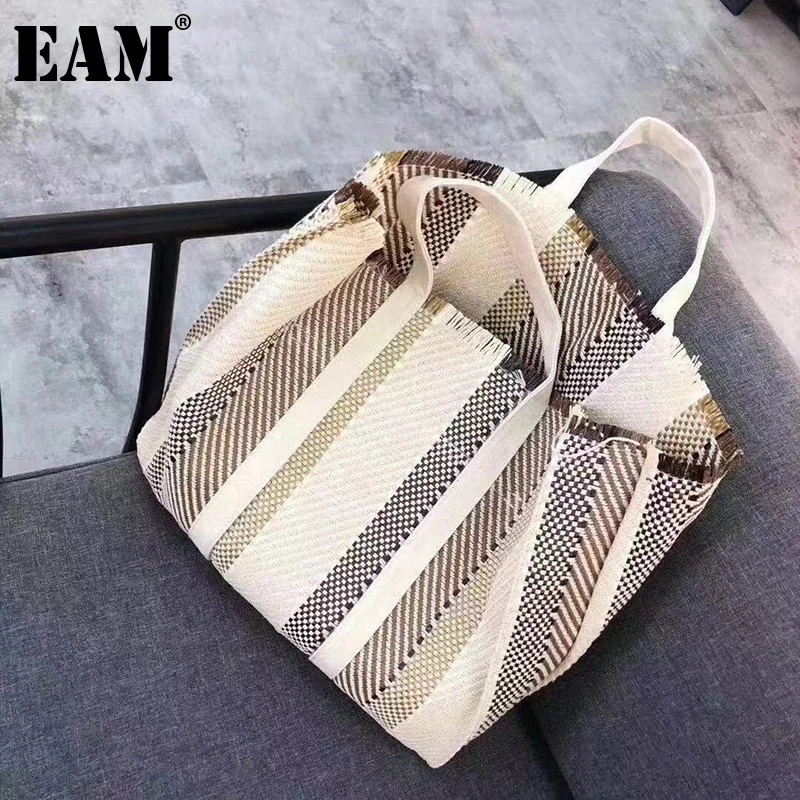 

[EAM] Women New Simple Retro Literary Woven Stripes Canvas Personality All-match Top-handle Bag Fashion Tide 2021 18A3532