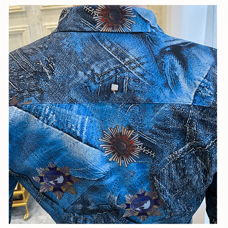 

Denim Blue Shirt For Men Vintage Retro Mens Long Sleeve Print Shirt Luxury Mens Shirts Casual Slim Fit Party Chemise Homme V512