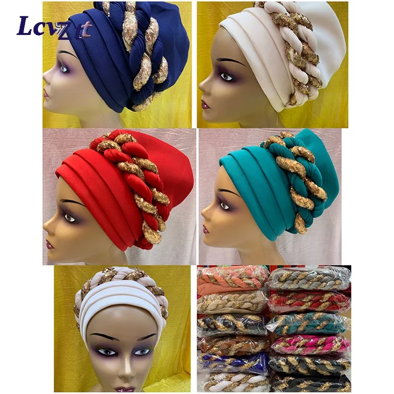 

Latest Shinning Sequins Turban Cap for Women Ready Female Head Wraps African Auto Geles Aso Oke Headtie Already Made Headties