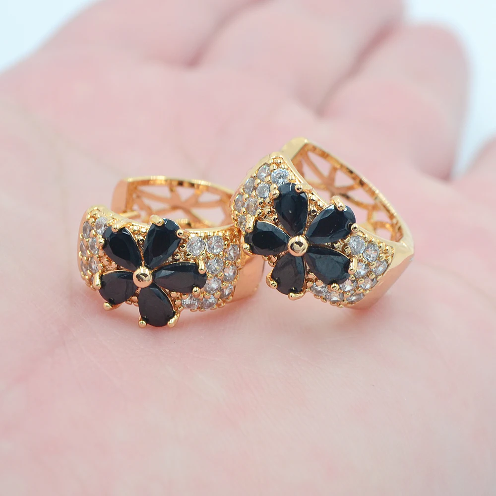 

Gold Color Fashion Black Cubic Zirconia CZ Flower Huggie Hoop Earrings for Women