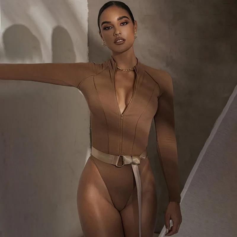 

Casual Bodysuit For Women Solid Long Sleeve Jumpsuits Fitness Zippers Bodysuits Slim Rompers Sexy Body Female Streetwear