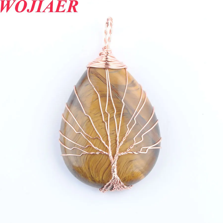 

WOJIAER 6pc Handmade Wrap Wire Tree of Life Pendant Water Drop Shape Natural Stone Tiger s Eye PO9012