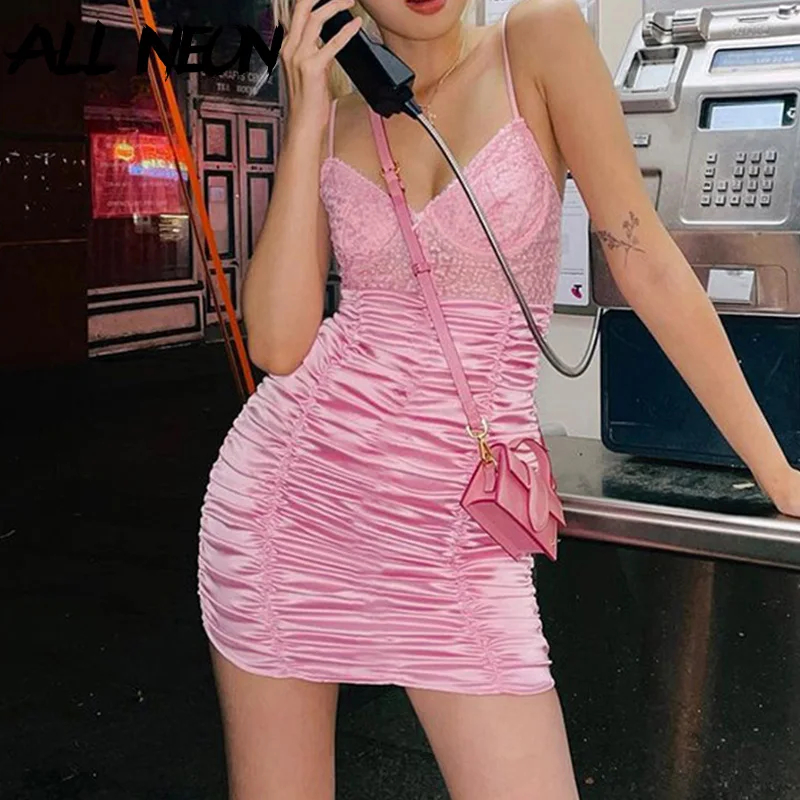 

ALLNeon Y2K Fashion Sexy Lace Trim Ruched Bodycon Pink Dresses 2000s Aesthetics Patchwork Drawstring Cami Dress Transparent Club