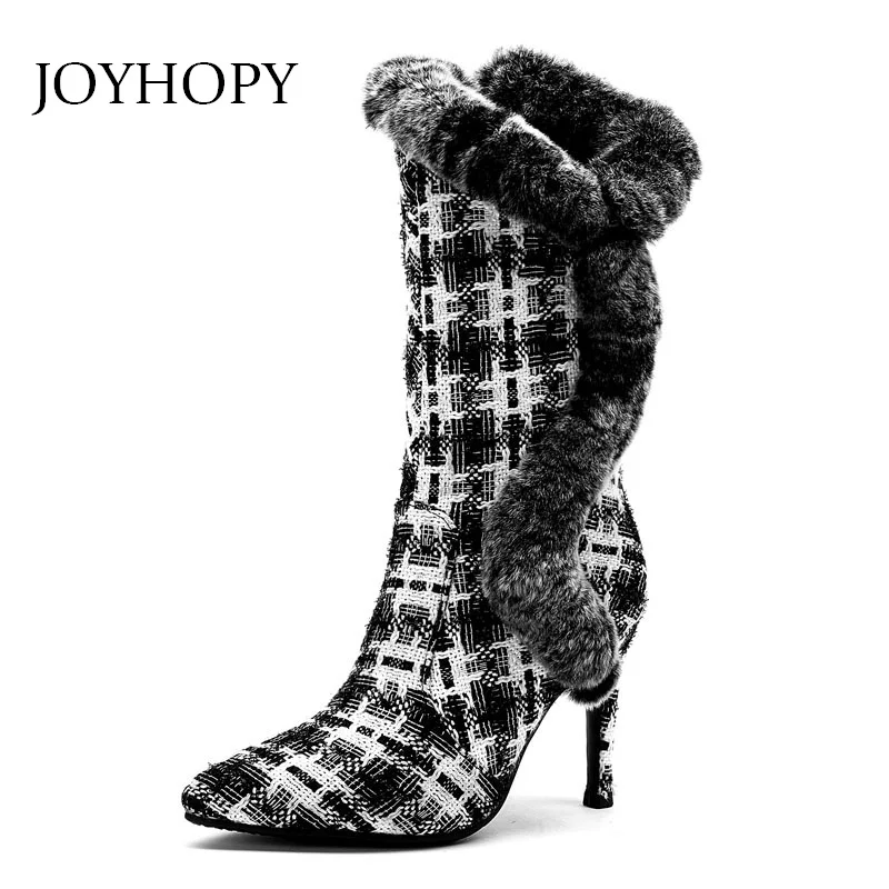 

Сапоги женские зимние из натуральной кожи, с кроличьим мехом, теплые, на тонком каблуке, в полоску, WB1506, 2019