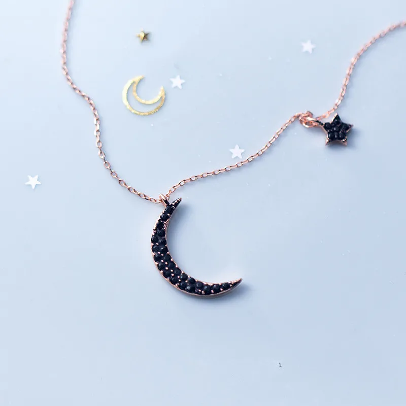 

925 Sterling Silver Black Crystal Star Moon Charm Necklace Creative Elegant Link Chain Party Jewelry for Women dz277