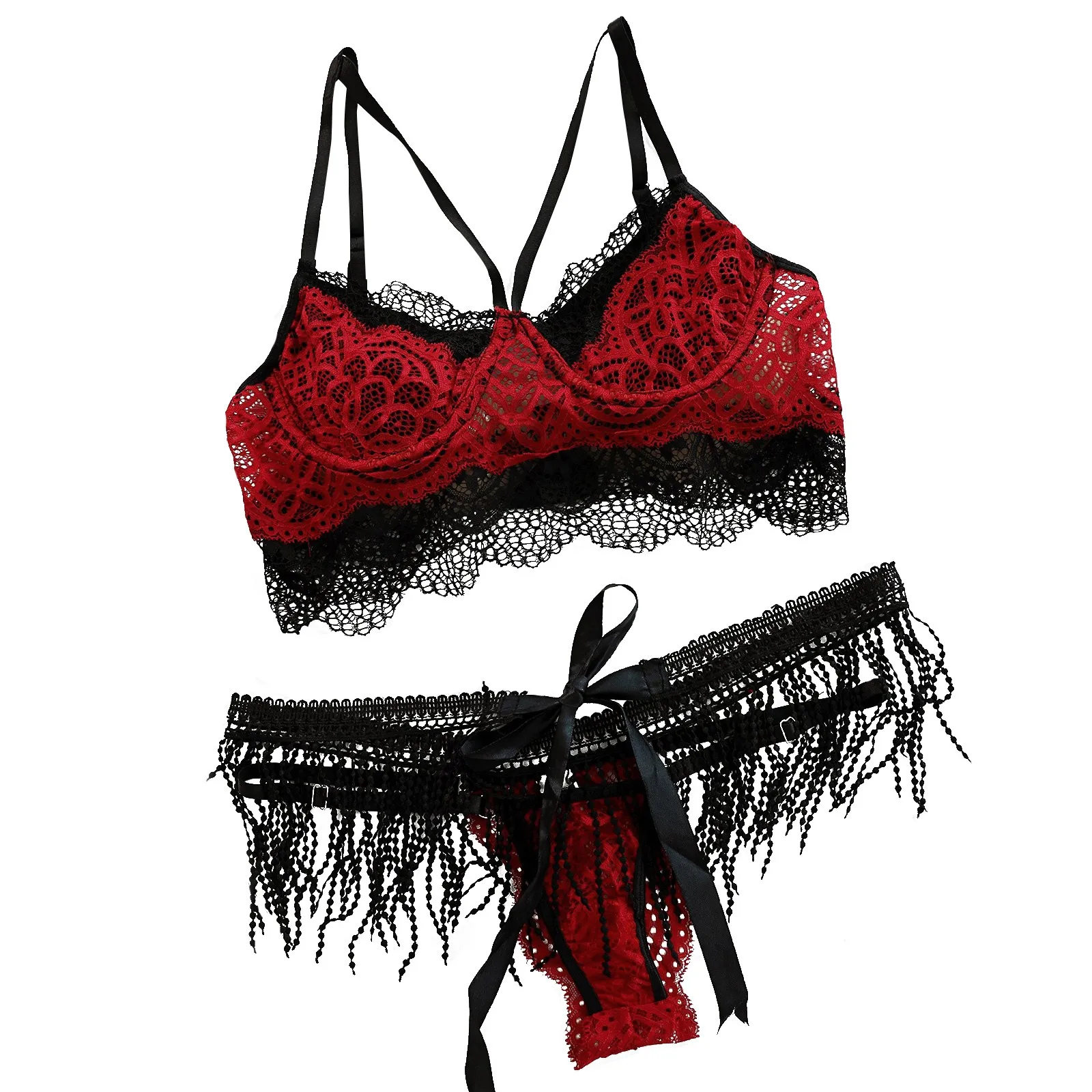 

Women Fashion Sleepwear Crochet Lace Color Block Lingerie Set With Tassel Skirt & Gloves Set Nightwear Nachtkleding vrouwen #4