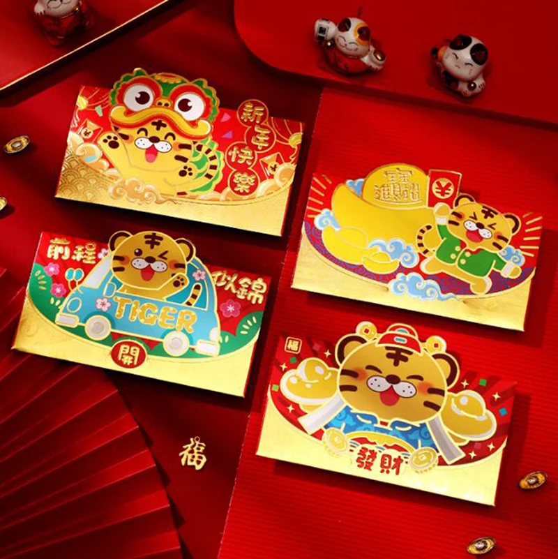 

12 шт., красные конверты в мультяшном стиле