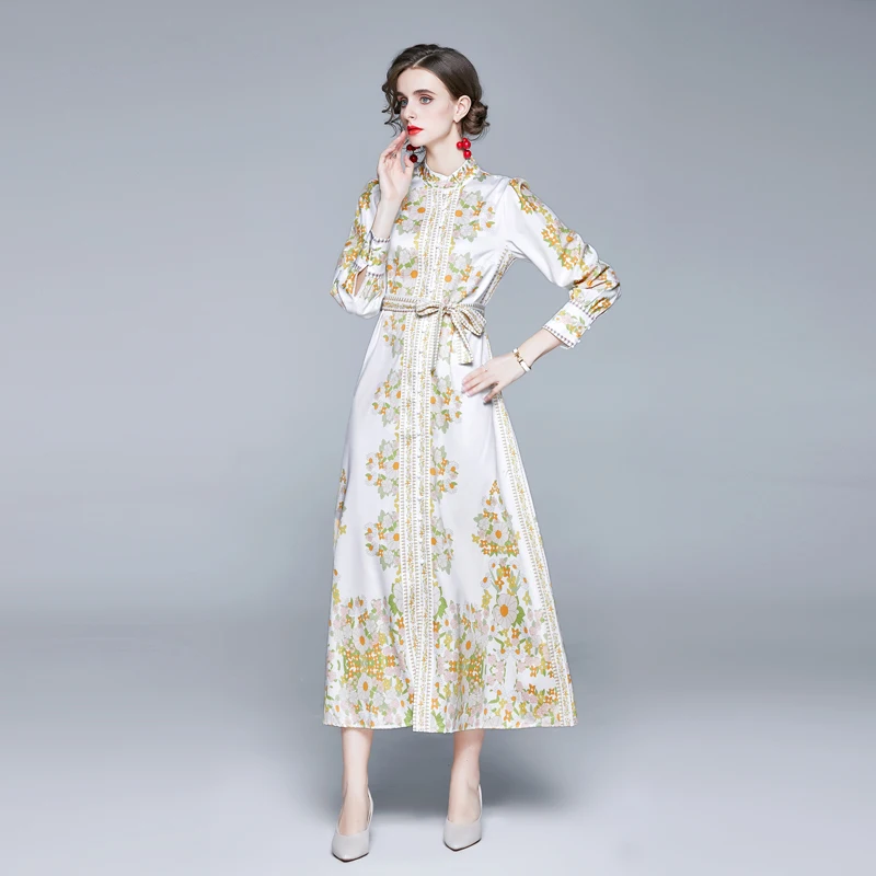 

2021 Fall Summer High Quality Robe Femme Cardigan Gown Standing Collar Long Sleeve Single Breasted Waist Floral Print Maxi Dress