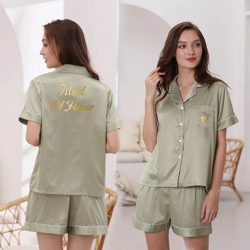 Women Pajamas Set Satin Pajama Sets Bride Bridesmaid Pajama suit Sleepwear Short Sleeve Nightwear 2 Piece Set