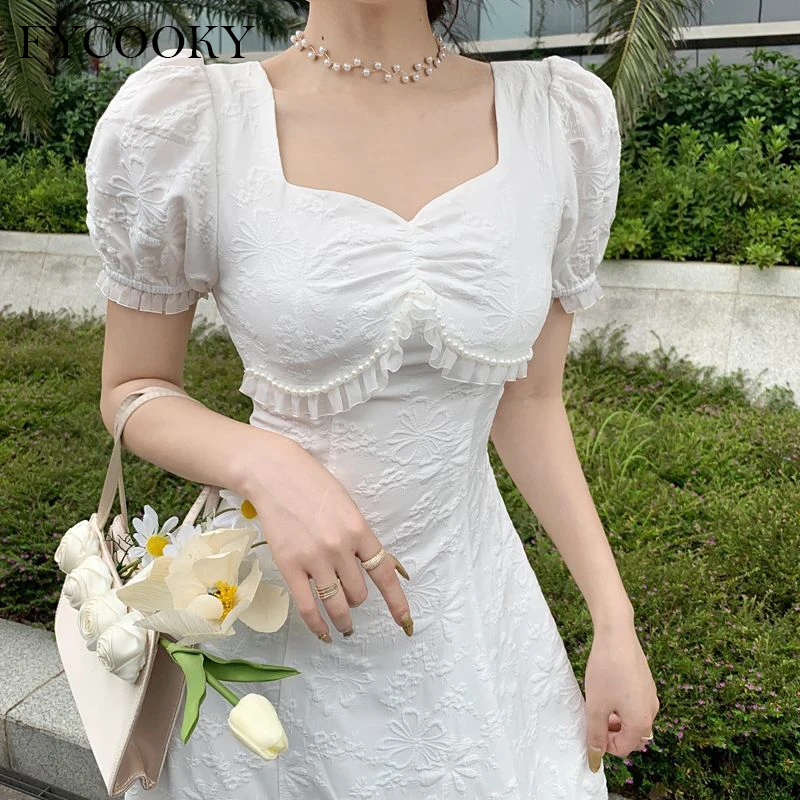 

White Bow Dress Women High Waist Slimming Fashion Puff Sleeve Dress 2021 New Summer Fairy Long Dresses