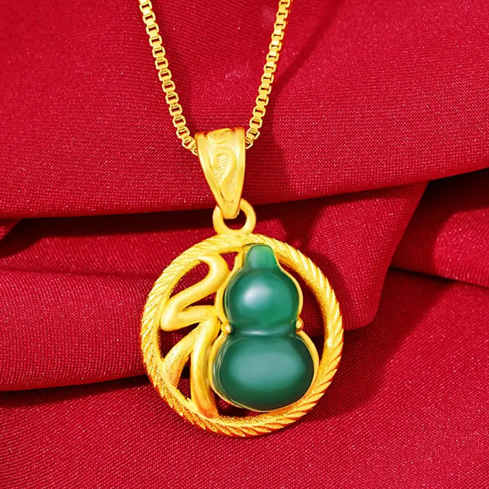 

Natural Chalcedony Gourd Pendant Ancient Inlaid Green Agate Jade Pendant for Men and Women original 18k gold jewelry 19*30MM