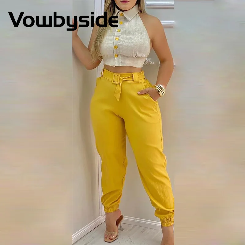 

Colorblock (цветовой блок), с низким вырезом на спине Топ и обычные брюки комплект Для женщин летний комплект из двух предметов