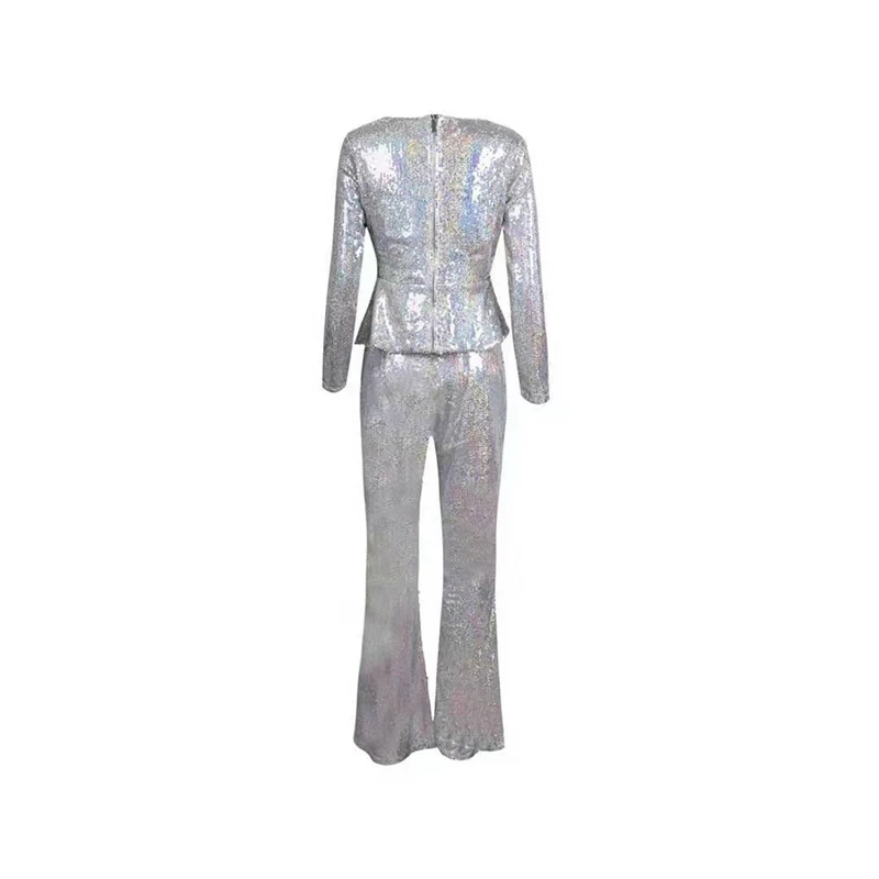 Новейший модный показ знаменитости Летний комбинезон сексуальное платье с глубоким v-образным вырезом, комбинезон с блестками Серебристые блестящие для новогодней вечеринки два 2 шт. комплект для женщин