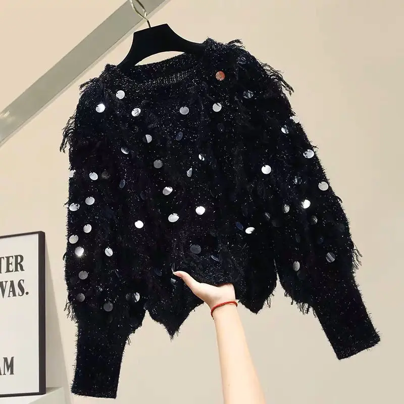 

Sequins Tassel Lazy Women Sweater 2021 Autumn New Korean Long Sleeve Loose Black O-neck Knitted Pullovers Sweaters Girls Y558