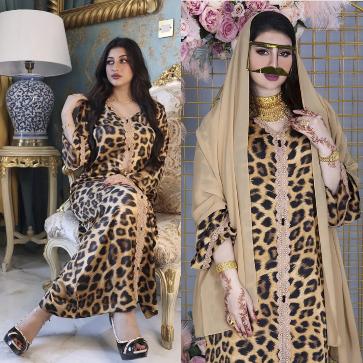 

Ramadan Mubarak Jalabiya Leopard Print Maxi Dress Women 2021 Lace Patchwork Loose Arabic Oman Dubai Muslim Islamic Clothing