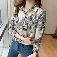 2021 spring new fashion korean ink printing long sleeve womens top trend satin chiffon girl temperament thin shirt polo collar