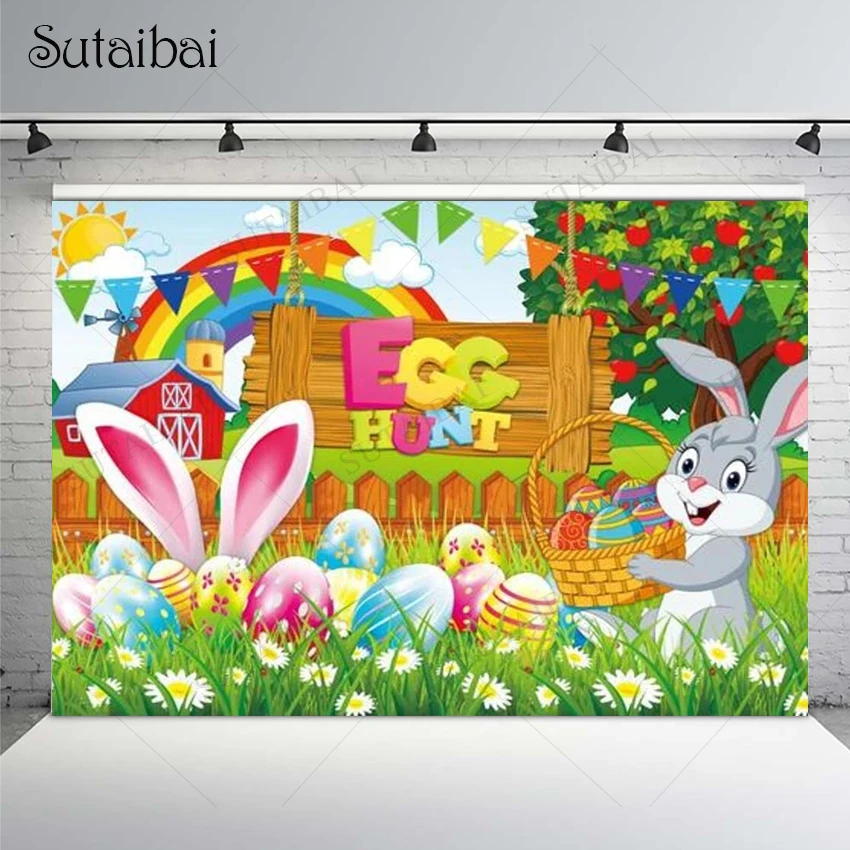 

Фон для фотосъемки с изображением пасхальных яиц охоты кролика весеннего сада детского душа радуги фотозона