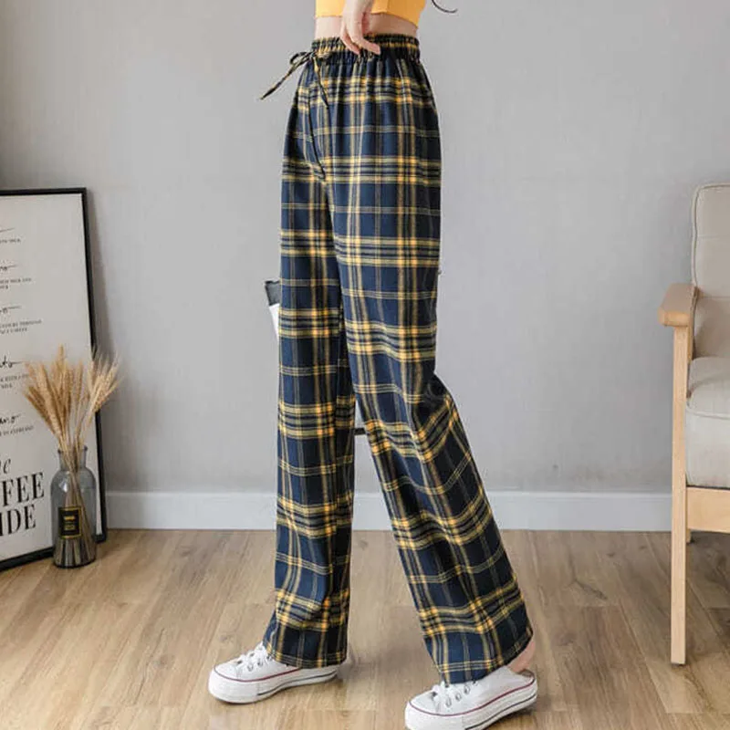 

Fashion High Waist Plaid Pants Women Loose Streetwear Trousers Female Casual Harem Pants