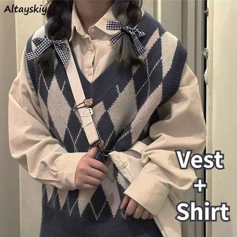 Fall Sets Women Harajuku Retro Chic Sweater Vest Shirt 2 Piece Outfits All-match Schoolgirls Popular Ins Stylish V-neck Teens