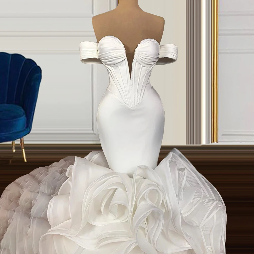 

Spring Women Floor Length Mermaid robe mariage Organza Ruffled Wedding Dress Ivory 2021 FOW32623