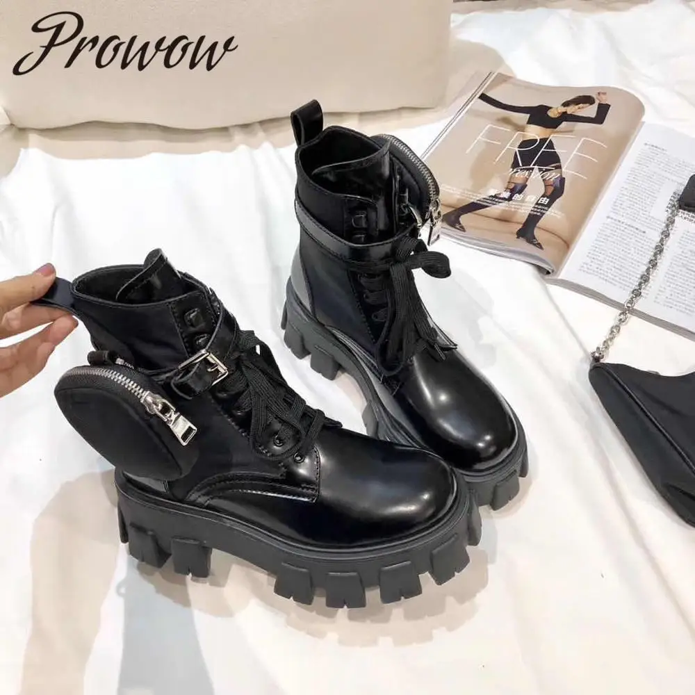 

Prowow New Black Genuine Leather Lace Up Ankle Boots Buckle Strap Matching Small Pocket Autumn Winter Boots Shoes Women