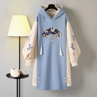 plus size vestidos womens 2021 new spring chinese style hoodies sweatshirt dress hanfu long sleeve embroidery thick cheongsam