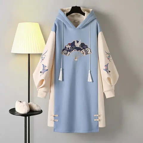 Women's Winter Chinese Style Hoodies Sweatshirt Dress Hanfu Long Sleeve Embroidery Thicken Cheongsam Plus Size 4XL Vestidos