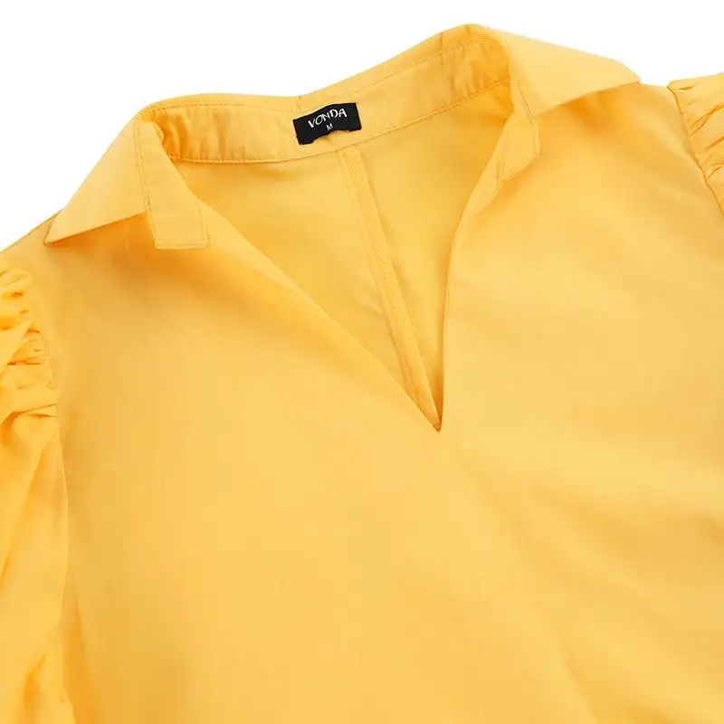 

Women White Sundress 2021 VONDA Vintage Solid Color Puff Sleeve Dresses Beach Summer Sundress V Neck Ruffled Hem Casual Vestido