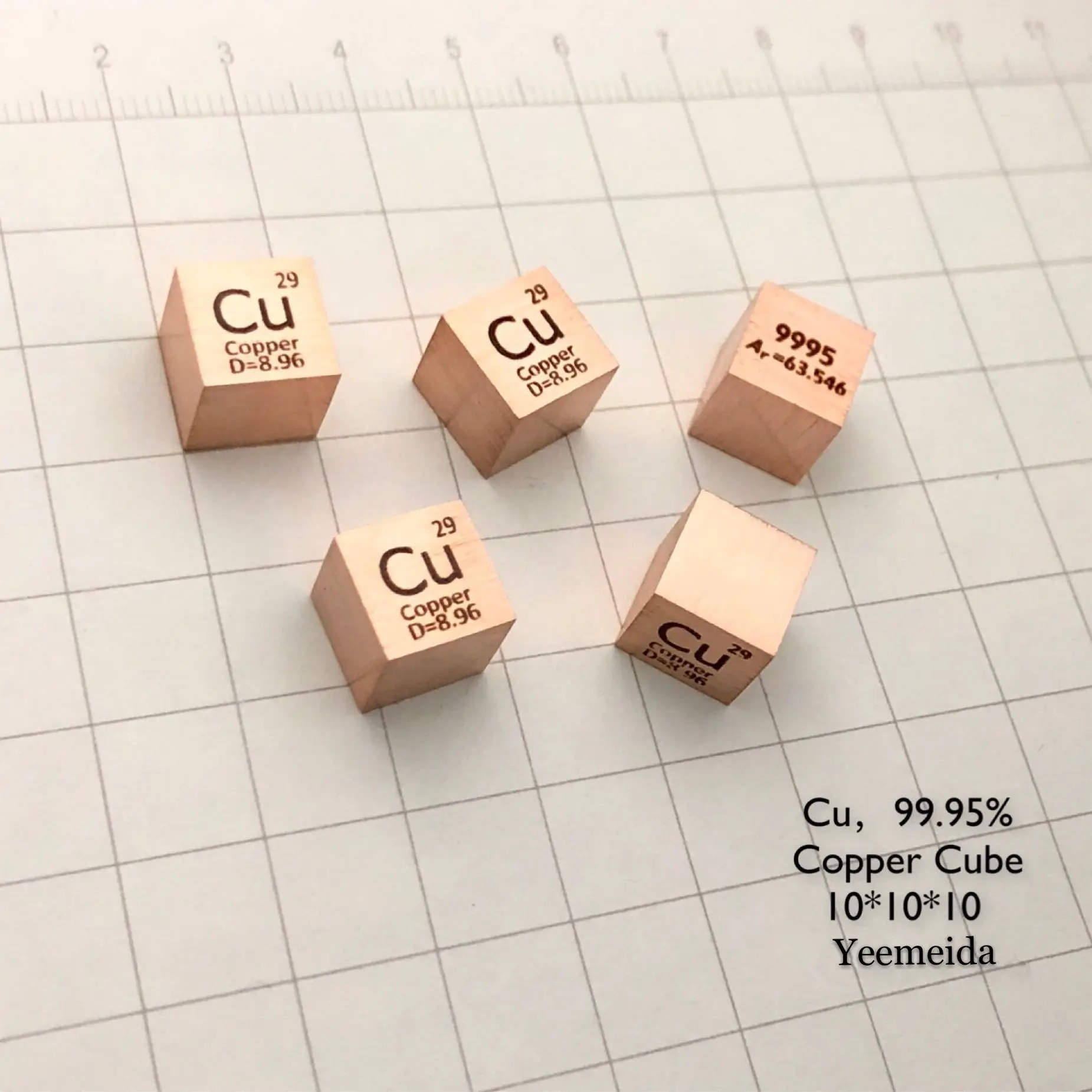 

5pc 99.95% High Purity Copper Cu 8.9g Carved Element Periodic Table 10mm Cube