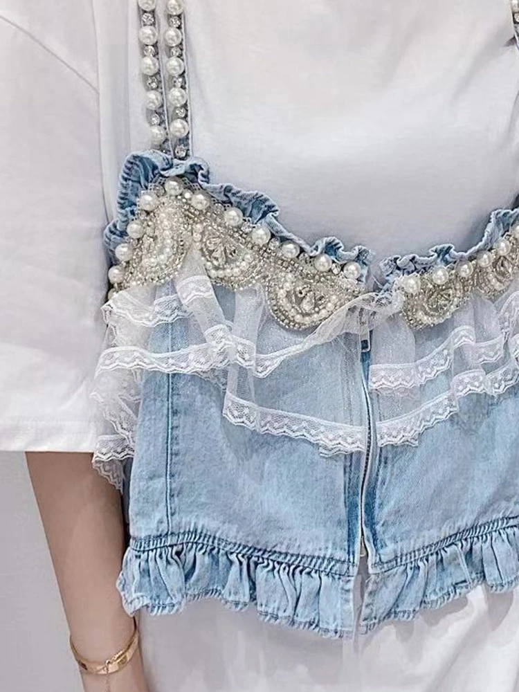 

2021 Summer European New Beaded Mesh Ruffled Denim Sling Women Solid Color Pullover Mid-Length T-shirt Fashion Two-Piece Set