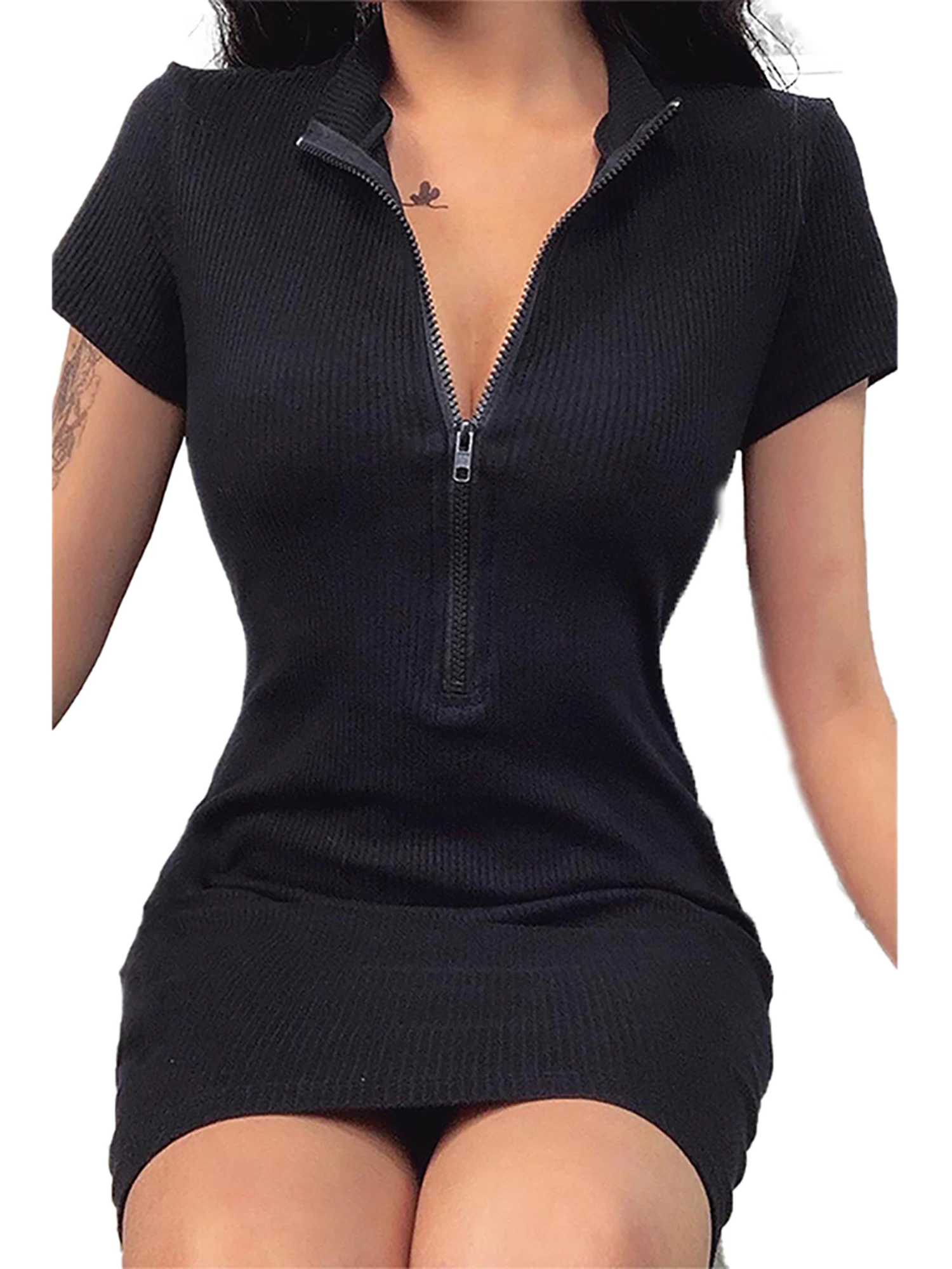 

solid short sleeve deep v neck zipper high waist bodycon sexy stretchy dresses 2020 Spring summer women fashion casual set
