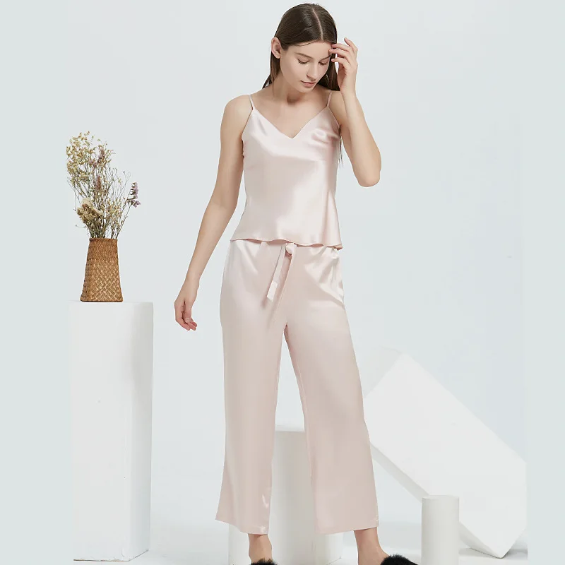 Sexy 2PCS Pajamas Suit Female 100% Silk V-neck Suspender Tops&pants Pijamas Loose Sleeveless Sleep Set Casual Home Clothing