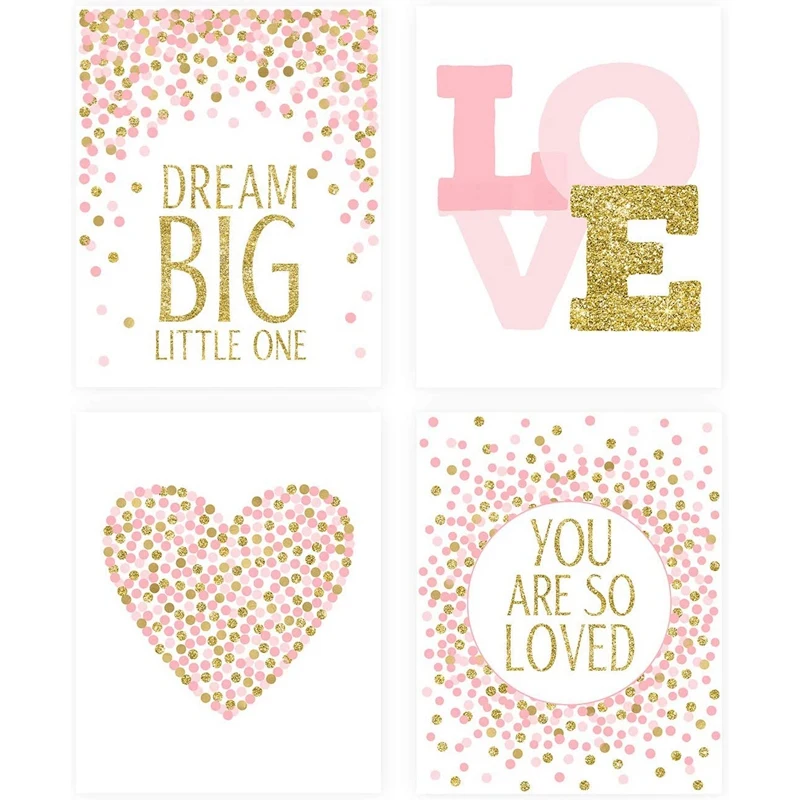 Постер настенный золотистый и розовый 8x10 дюймов 4 шт. | Дом сад