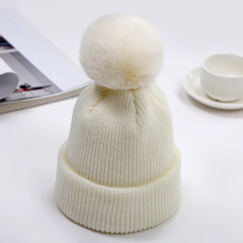 

Children Winter Warm Beanies Hat Pure Color Woolen Hat Korean Style Hat Knitted Neutral Warm Pullover Hat Wool Ball Hat