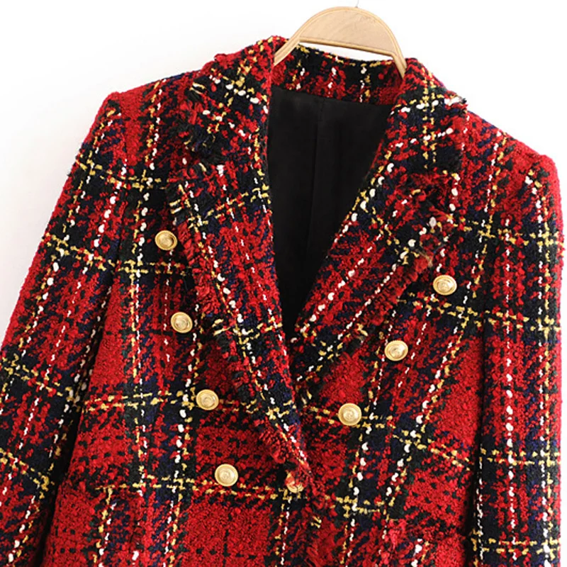 RR женские модные двубортные блейзеры элегантные клетчатые куртки с длинным