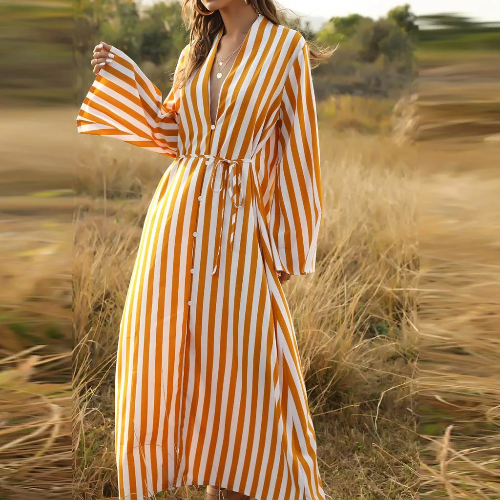 Весенне летнее Большое пляжное платье в черную полоску Свободное длинное