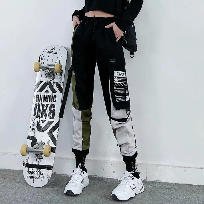 

Patchwork High Waist Loose Cargo Pants Harajuku Streetwear Hip Hop Vintage Pants Cyber Y2k Indie Trousers Female Alt Clothes