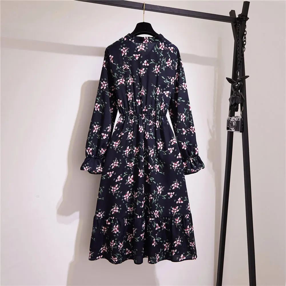 Женское шифоновое платье с цветочным принтом длинным рукавом и бантом высокой