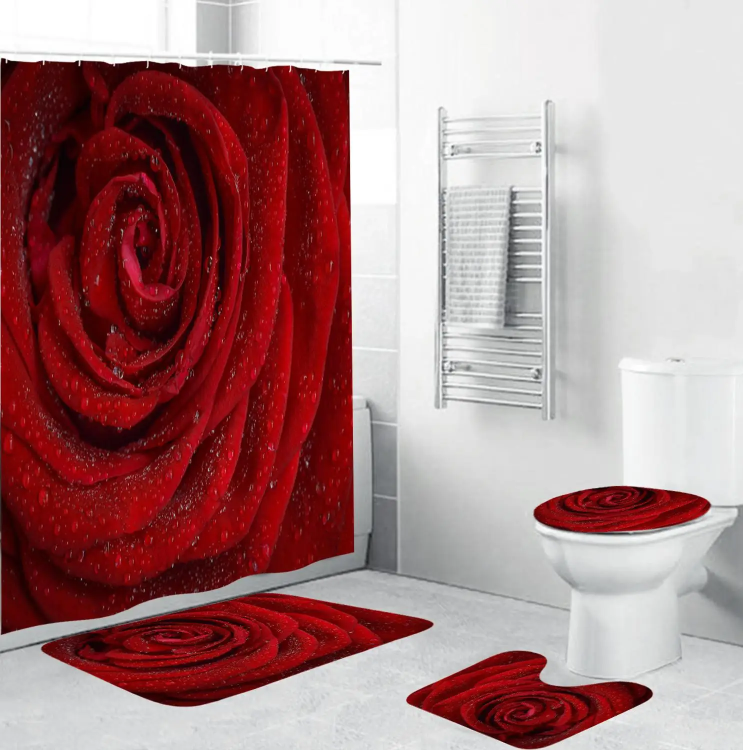 

4pcs Rose Bathroom Curtains Sets Nature Flowers Waterproof Polyester Shower Curtains Toilet Cover Mat Non-Slip Bath Rug Set T127