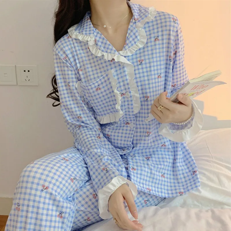 

2021 Chic Plaid Sleepwear Patchwork Lace Geometric Long Sleeves Home Clothes Loose Casual Chic Women Sweet Pajamas