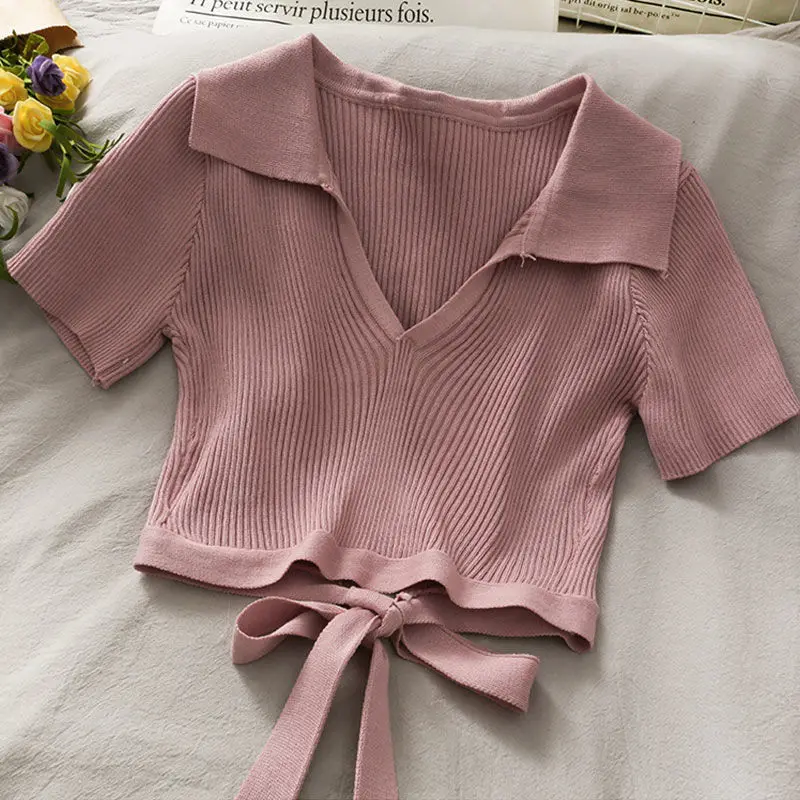 Укороченный топ женские рубашки-поло летняя футболка с коротким рукавом Женская