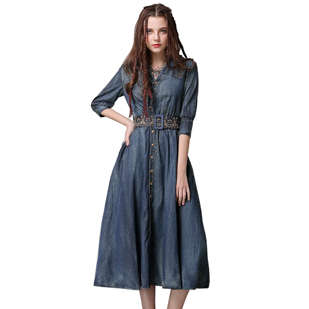 

YUANYUANJYCO Spring Autumn Women Long Indie Folk Denim Dresses LYQ6 High Waist Embroidery Belt Crop Sleeve A-Line V-Neck Clothes