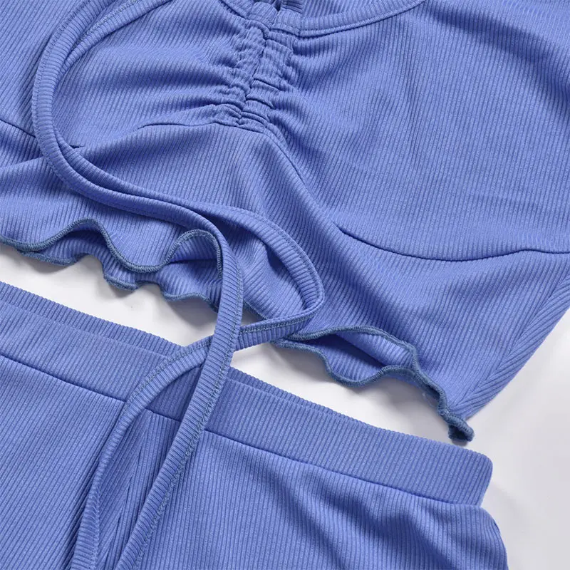 

Women Shorts Set Solid Midriff-baring Lace Up Girls 2 Pieces Sets Ruffle Short Sleeve Crop Tops And Short Trousers Summer Casual