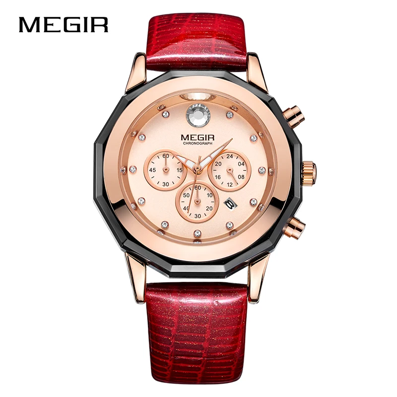 Часы MEGIR2021 женские кварцевые роскошные брендовые наручные с кожаным ремешком