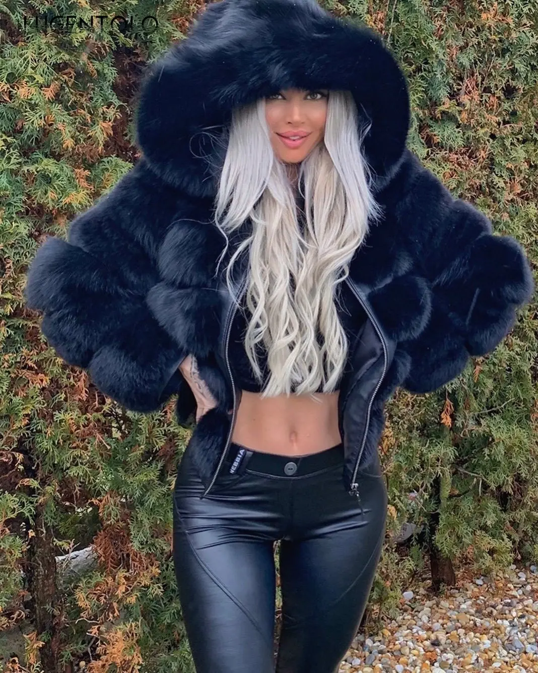 

Elegant Faux Fur Winter Warm Coat Long Sleeve Solid Fluffy Fur Hooded Zipper Splic Faux Leather Coats Short Jackets Lugentolo