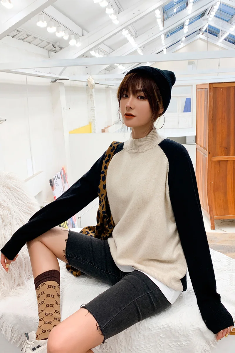 

Women's cashmere sweater 2019 autumn winter new casual pullover knitwear patchwork color collar Tops large size splice sweater