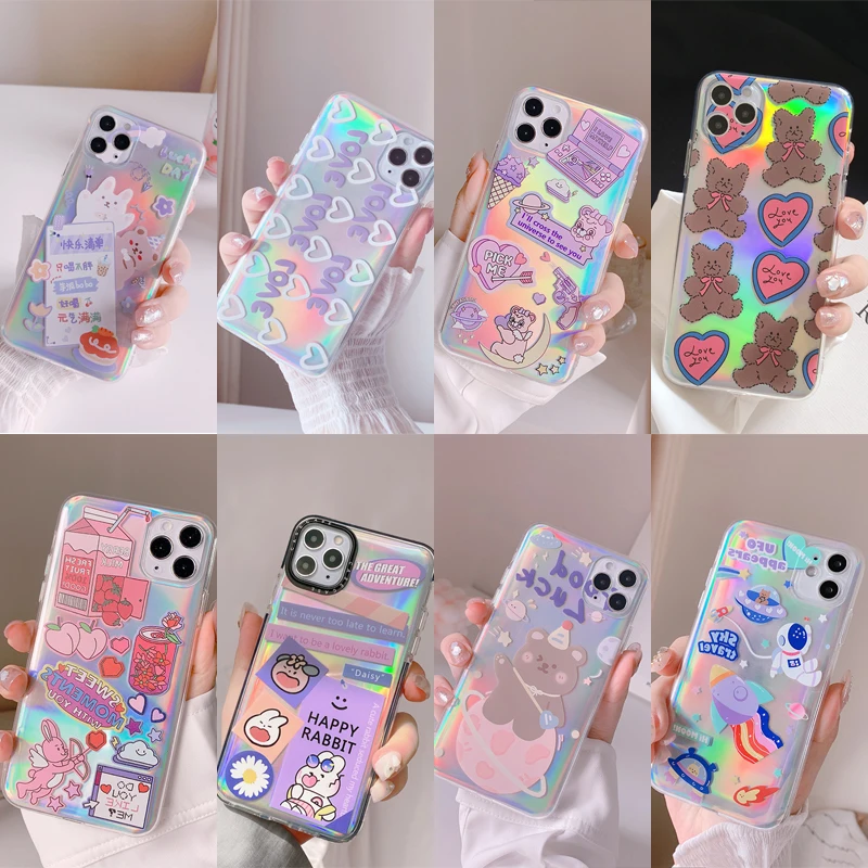 

Trendy Laser Cartoon Pattern IPhone11ProMax/12Mini/XR/XS/X/8/7/6Plus Anti-drop Transparent Couple Mobile Phone Case Wholesale