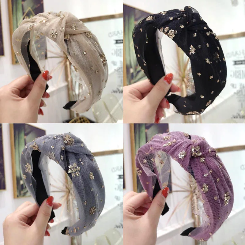 

1 PC Gauze Shiny Sequin Wide Headband Vintage Fashion Women's Hair Hoop Cross Knot Bow Hairband
