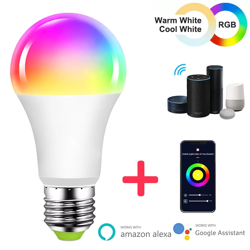 

15W WiFi Smart Light Bulb E27 E26 B22 Dimmable RGB+CCT lighting Bulbs Siri Voice Control Timing Work With Alexa Google Home