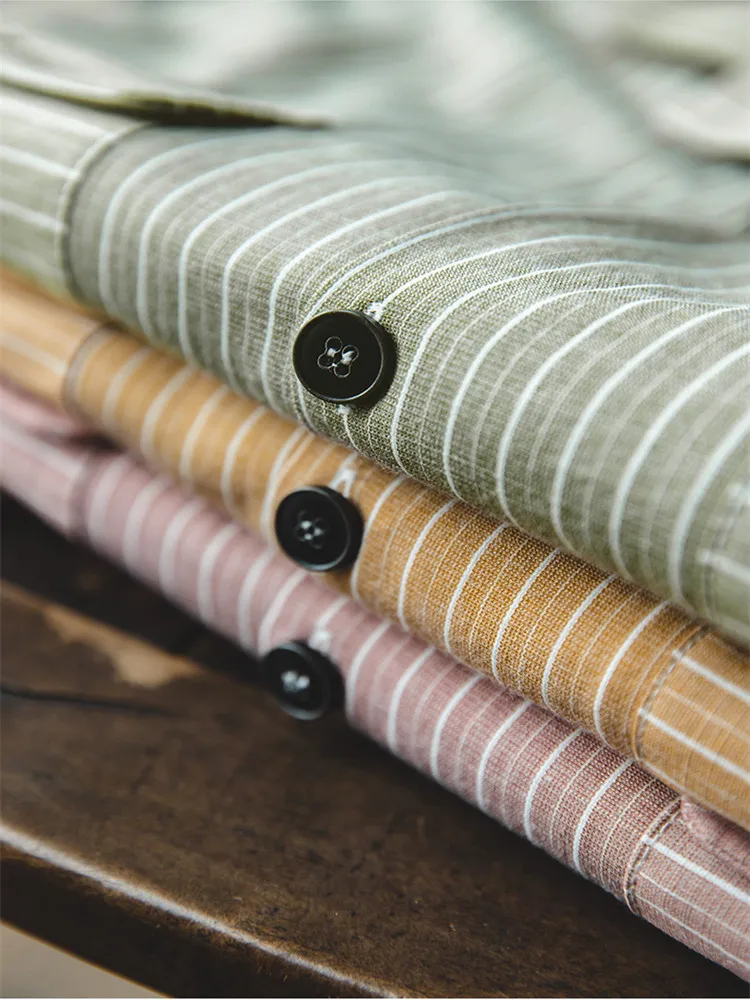 

Men's American Vintage Oversize Striped Cuban Collar Shirt AmekajiV Collar Casual Long Sleeve Men